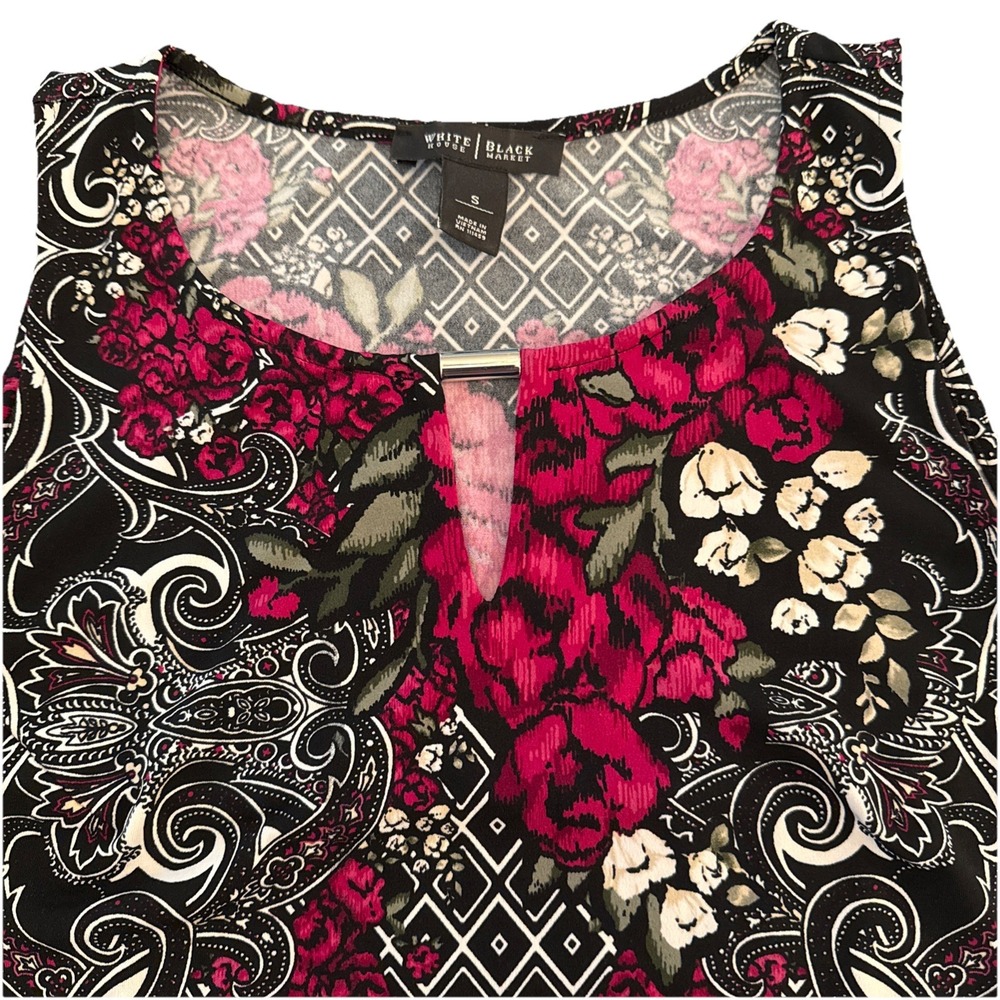 White House Black‎ Market Top Sleeveless Floral Batik Liquid Knit Black White S